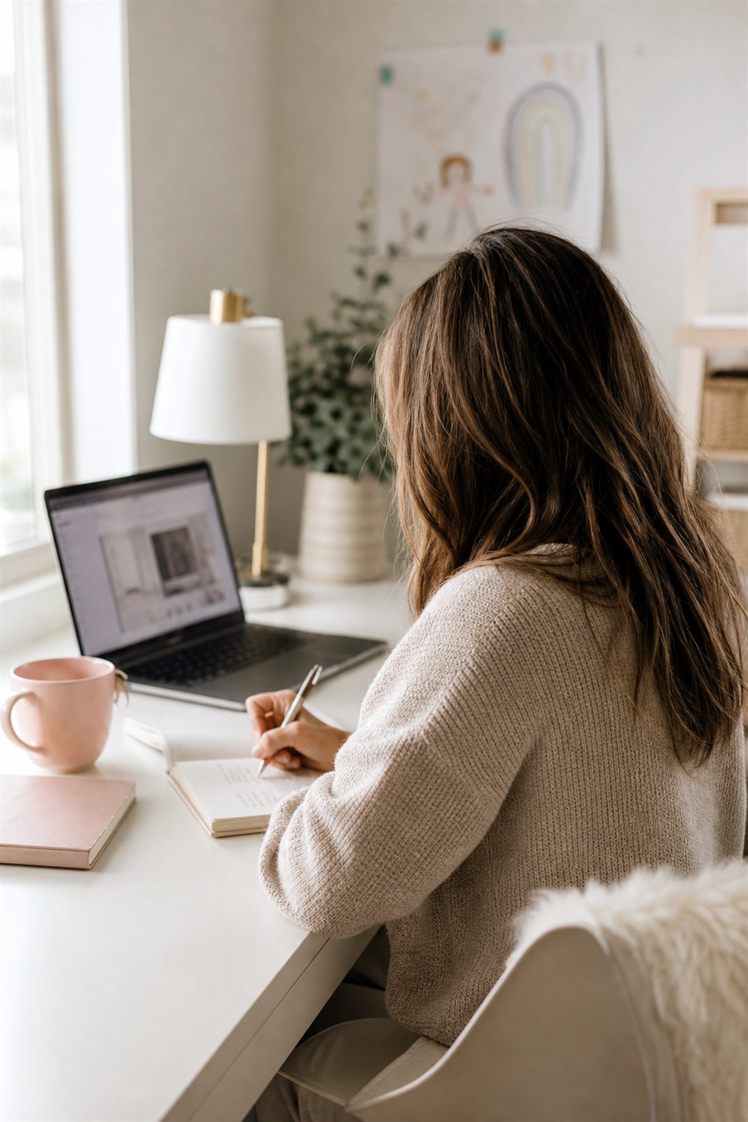 A mother working at her desk, planning her return to work